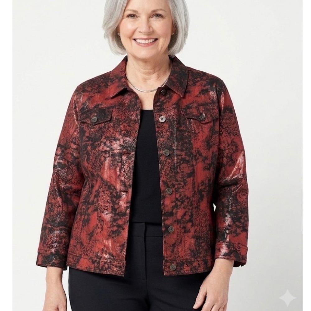 Ruby Rd Womens Red Black Metallic Paisley Button Front Jacket Size 18